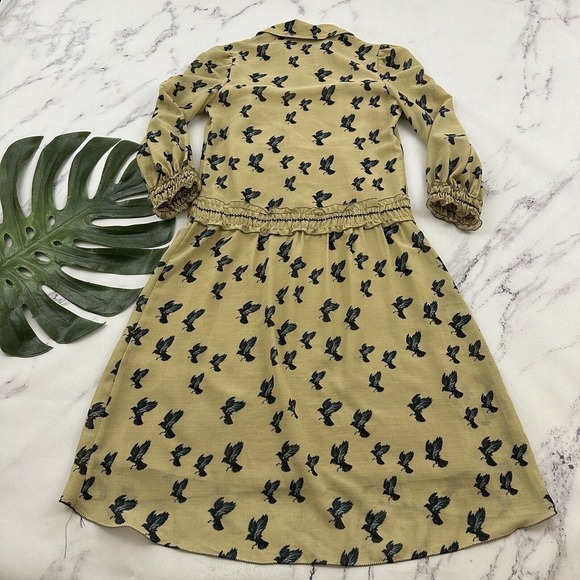 Max Studio Womens Vintage Y2k Ruffle Dress Size XS Tan Blue Birds Academia - Picture 9 of 12
